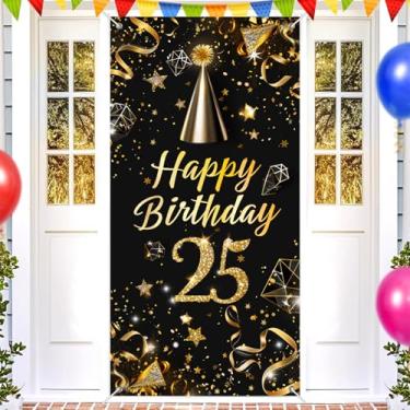 Imagem de BlissYard Capa para porta de aniversário de 25 anos, 188 x 89 cm, faixa dourada preta com glitter, faixa de feliz aniversário para mulheres jovens, fitas de confetes, festa vinte e cinco marcos