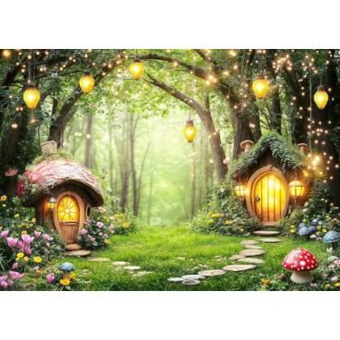 Imagem de Pano de fundo de floresta encantada de 1,8 x 1,8 m, conto de fadas do país das maravilhas verde, cenário fotográfico de cogumelo floral para crianças, meninas, chá de bebê, decoração de festa de