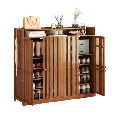 Imagem de Armário de armazenamento de sapatos com gavetas dobráveis, armário de sapatos de entrada de bambu com portas, unidade de armazenamento de sapatos para 15 a 30 pares, economia de espaço para corredor