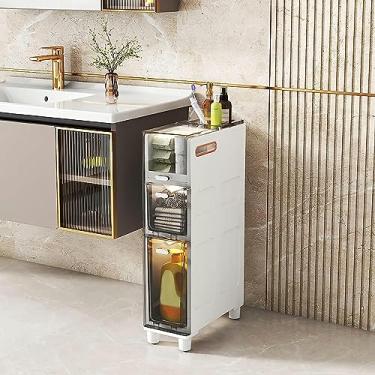 Imagem de LWJYMXBD Armário de chão de banheiro estreito alto fino 5 gavetas torre de armazenamento, moldura resistente armário de armazenamento de papel higiênico estreito com gavetas e rodízios transparentes