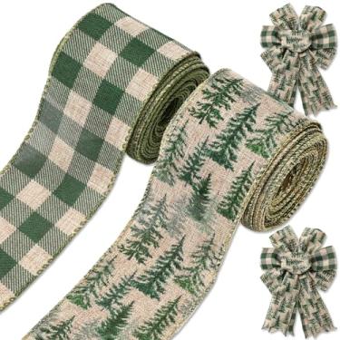 Imagem de JarThenaAMCS 2 peças de fita de Natal com fio de pinheiro verde buffalo, xadrez, fitas de tecido decorativo para árvore de Natal para artesanato faça você mesmo, guirlanda de inverno, 20 jardas