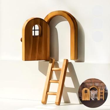 Imagem de Kathfly 2 peças mini kit de porta de mouse de madeira mágica casa de rato com escada porta de fada em miniatura para parede quarto infantil fechadura de janela faça você mesmo artesanato de natal