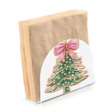 Imagem de ATTX Porta-guardanapos de Natal acrílico com design de arco rosa de árvore de Natal - organizador de mesa decorativo para cozinha, restaurante, decoração de férias de casa #788