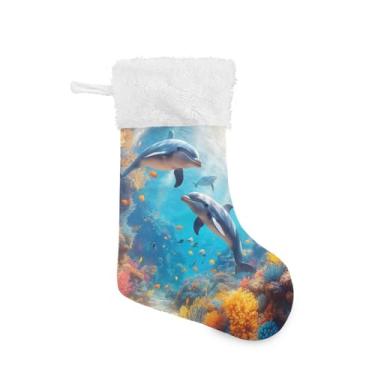 Imagem de Blueangle Pacote com 2 meias de Natal Underwater World of Dolphins de 17,7 polegadas para decorações de festas de fim de ano, porta-presentes e meias (636)
