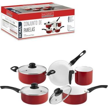 Imagem de Conjunto De Panelas Antiaderente Tampa De Vidro 5Pç Vermelha - Hauskra