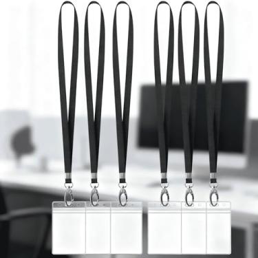 Imagem de Porta-crachás de identificação verticais com cordões ajustáveis, pacote com 6, com estrutura de plástico espesso à prova d'água e zíper selável para exibição segura de cartões no escritório e na
