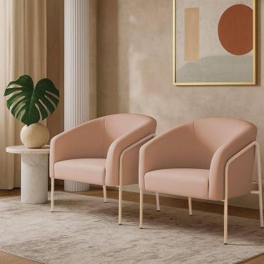 Imagem de Poltrona Sala Industrial Alta Champanhe Kit 2 Stella Veludo Rosê D03 - D`rossi