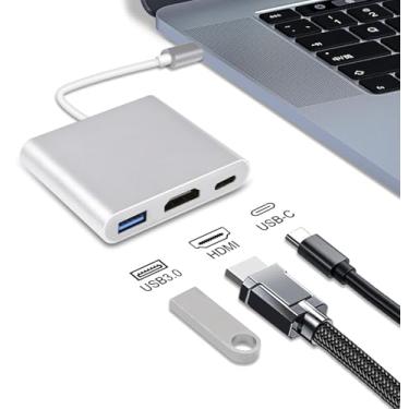 Imagem de Adaptador USB C para HDMI, hub 3 em 1 tipo C para 4K HDMI USB3.0 e PD de 100 W para leitura de unidades USB e projeção multimídia, compatível com MacBook, iPad, tablets e outros dispositivos USB-C