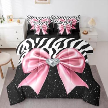 Imagem de Erosebridal Conjunto de edredom solteiro de gravata borboleta rosa com lençol | Conjunto de cama de 7 peças com laço de fita de diamante e laço de zebra em uma bolsa, galáxia preta com laço de