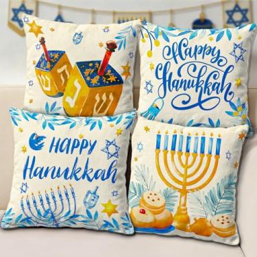 Imagem de kengvo Conjunto de 4 capas de almofada Happy Hanukkah de 45,7 x 45,7 cm, capa de almofada Happy Chanukah com estampas de menorá Dreidel, fronhas de Hanukkah, decorações de inverno para casa, sofá
