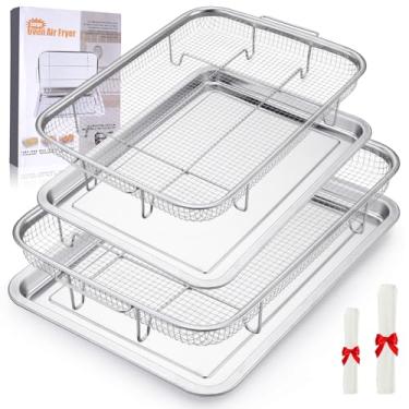 Imagem de Cesta de fritadeira a ar para forno, 2 conjuntos de cestas de fritadeira a ar para forno e bandeja com 60 peças de papel manteiga, frigideiras de aço inoxidável e bandeja para assar e fritar (15,6 x