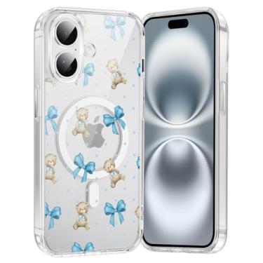 Imagem de FBHGLOA Capa de telefone para iPhone 16 de 6,1 polegadas com laços azuis fofos, compatível com MagSafe, capa protetora magnética transparente à prova de choque com estampa de urso de bolinhas à prova