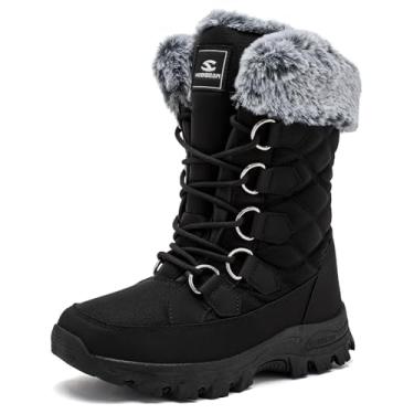 Imagem de HOBIBEAR Botas femininas de inverno, quentes, forradas com pele sintética, botas de neve, para clima frio, para uso ao ar livre, resistente à água, Todo preto, 40