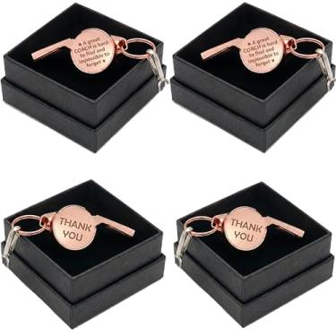 Imagem de iematoz Pacote com 4 apitos para treinadores, apito esportivo de aço inoxidável ouro rosa com cordão e caixa de presente, equipamento de agradecimento gravado para basquete, futebol, futebol, beisebol