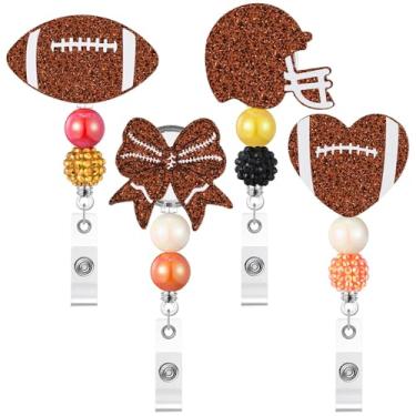Imagem de Giegxin 4 carretéis de crachá de futebol de futebol retrátil com glitter marrom crachá de identificação de enfermeira com clipe de metal jacaré, bolas esportivas, clipes de carretel para enfermeiras