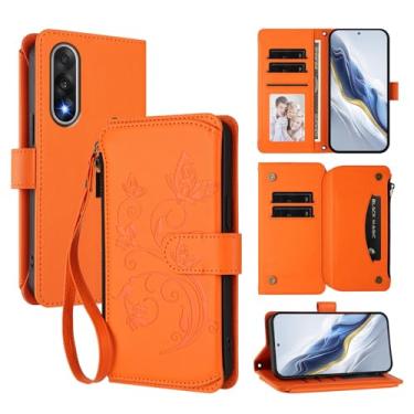 Imagem de Capa carteira para OnePlus Ace 5 Ultra com porta-cartões, bolso com zíper e alça longa - capa fólio de couro com fecho magnético, suporte, capa feminina anti-impressão digital (laranja)