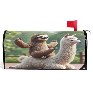 Imagem de TSENQUE Capas magnéticas decorativas para caixa de correio de outono envoltório de vinil bonito preguiça ioga lhama férias à prova de intempéries caixa de correio decoração tamanho padrão 52,6 x 45,8