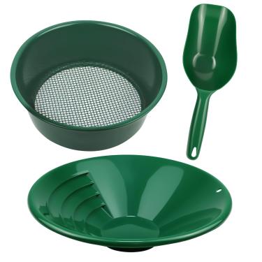 Imagem de MACIFECI Kit de 3 peças de ouro Panning 3 peças de ferramentas de mineração de ouro incluem panela de ouro de metal, colher de plástico, peneira de ouro