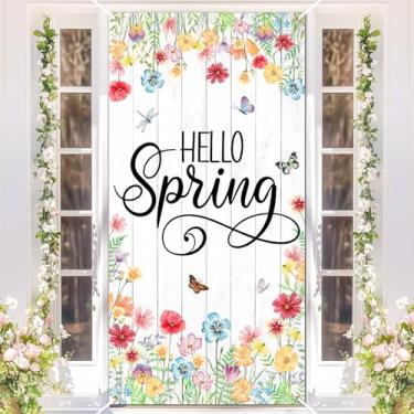 Imagem de Avezano Hello Spring Capa de porta flores silvestres banner de primavera colorido floral primavera decorações de porta interior exterior