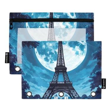 Imagem de GAIGEO Fichário Torre Eiffel Noturna Lua Noturna com 3 Anéis, Bolsa de Lápis com Zíper, Fichários Escolares com Zíper, Bolsos Transparentes, Escritório 25 x 18 cm, 2 Pacotes
