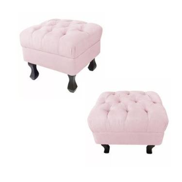 Imagem de Kit 02 Puffs Retrô Luis Xv Fixo Capitonê Suede Rosa Bebê - DS Estofado