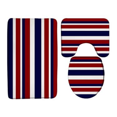 Imagem de AEMBEE Conjunto de tapete de banheiro azul marinho vermelho branco e geométrico, geométrico, geométrico, 3 peças, tapete de banheiro, 48 x 74 cm, capa de assento de vaso sanitário, vaso sanitário em