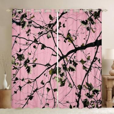 Imagem de Cortina CamoTree (2 painéis, 42 x 84 polegadas) Cortinas de janela de caça para crianças, rosa e verde, para meninos e meninas, folhas botânicas, 30%-50%, cortinas blackout macias e selvagens para