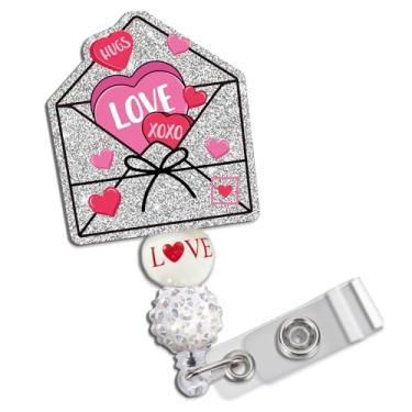 Imagem de Obookey Carretel de crachá de dia dos namorados, lindo carretel de crachá de identificação de coração com clipe retrátil, suporte de crachá de dia dos namorados com glitter para trabalhadores de