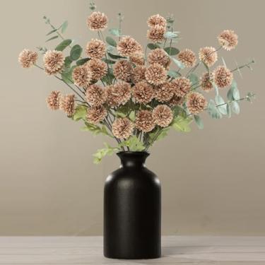 Imagem de DuHouse Flores falsas para vaso Kiku 8 hastes e 3 eucaliptos, hastes de flores falsas para buquês de casamento faça você mesmo, centro de mesa, decoração de cozinha