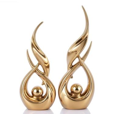 Imagem de LINYTHER 2 peças de estátuas de cerâmica dourada para decoração de casa, esculturas de arte abstrata moderna, objetos decorativos de mesa elegantes para sala de jantar, entrada, suporte de TV, cornija