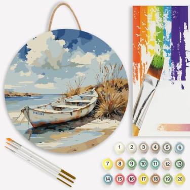 Imagem de Kit de pintura de barco a remo de praia por números para adultos em tábua de madeira – Kit de pintura artesanal de madeira DIY rústico em Sandy Shore, redondo de 30,5 cm, conjunto de tinta acrílica