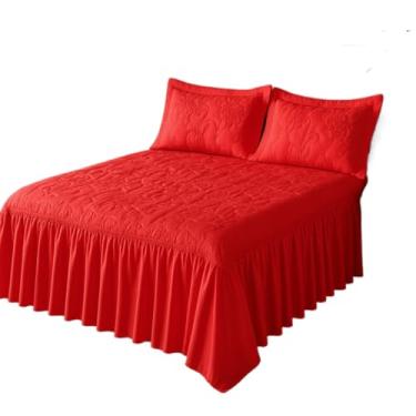 Imagem de Colcha Casal Bordada Com Babado Cama Box Cobre Leito Com Forro Cama Posta(VERMELHO)
