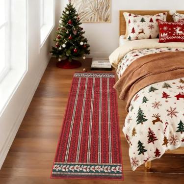 Imagem de GarveeHome Tapete de Natal 5 x 20 cm, lavável na máquina, forro antiderrapante, resistente a manchas para corredores, cozinha, entrada, quarto, sala de estar, vermelho