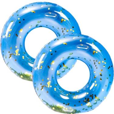 Imagem de Boia inflável gigante para piscina – boia azul de 119 cm, tubos de piscina, transparentes, com lantejoulas douradas, boia inflável para piscina, festa, lago e praia, adultos (azul com ouro)