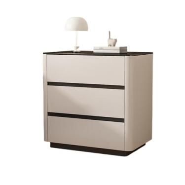 Imagem de Mesa lateral de madeira mesa de cabeceira quarto doméstico cor cáqui armazenamento de cabeceira três gavetas armário de vidro prateleira de armazenamento facial (grande)