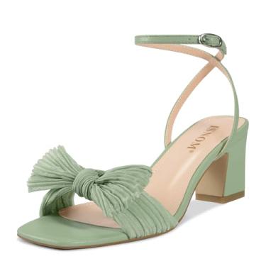 Imagem de ISNOM Sandália feminina de salto com laço e fivela no tornozelo, bico aberto, salto grosso, festa de casamento, salto moderno, Verde claro, 41