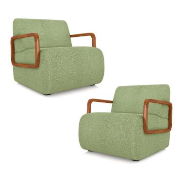 Imagem de Kit 2 Poltronas Decorativa Sala de Estar Odessa Braços em Madeira Bouclê Verde Oliva G33 - Gran Belo