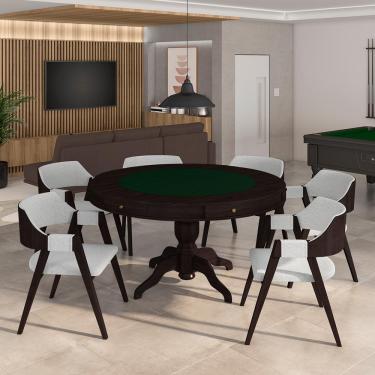 Imagem de Conjunto Mesa de Jogos Carteado Bellagio Tampo Reversível Verde e 6 Cadeiras Madeira Poker Base Estrela Linho Cinza/Tabaco G42 - Gran Belo