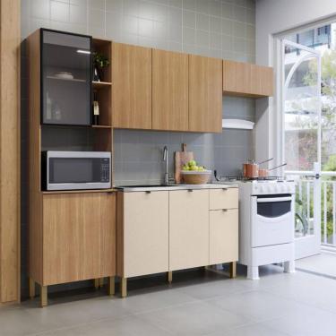 Imagem de Cozinha Compacta 9 Portas 1 Gaveta 100% Mdf com Vidro Freijó/Soft - Kits Paraná