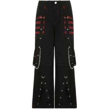 Imagem de GOTH Dark Y2K punk perna larga calça preta shopp shop gótico harajuku calça folgada de cintura alta tira de retalhos de retalhos de roupas de tecnologia, preto, m