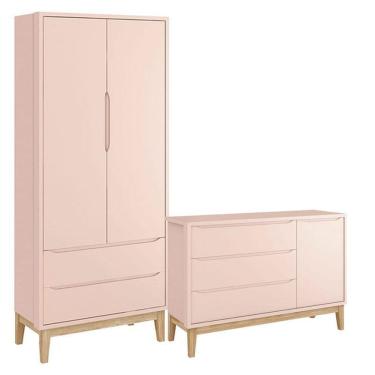 Imagem de Cômoda com Porta e Guarda Roupa Infantil 2 Portas New Classic Rosa com Pés Madeira Natural - Reller