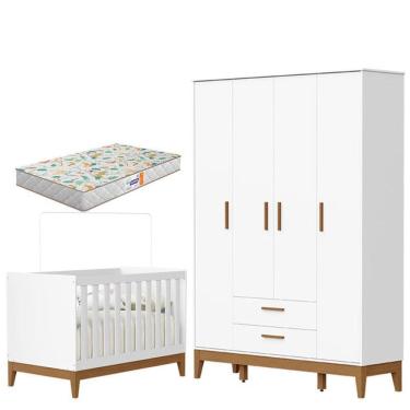Imagem de Guarda Roupa Infantil 4 Portas com Berço Americano Flip Branco Acetinado com Colchão Gazin - Reller