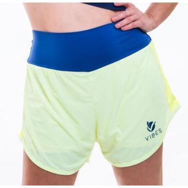 Imagem de Short duplo amarelo claro com cós e faixa lateral e azul marinho - Vib