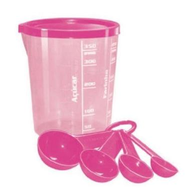 Imagem de Kit 5 Peças Copo Graduado Com Tampa Colheres De Medida Rosa - Injetemp