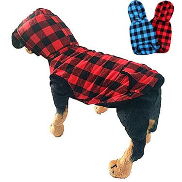 Imagem de Foern Jaqueta para cachorro com capuz removido, casaco quente com bolso de tira ajustável padrão xadrez, roupas para cães pequenos, médios grandes, vermelho, 2GG: 78 cm/30,7 pol