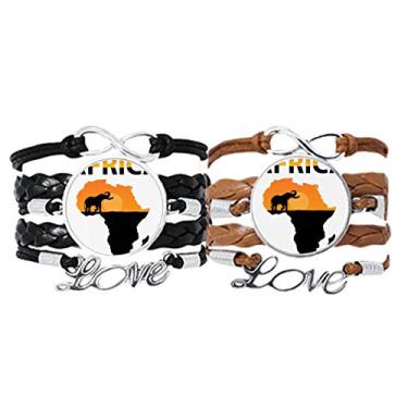 Imagem de DIYthinker Pulseira de vida selvagem com mapa da África Savanna elefante alça de mão pulseira de corda de couro conjunto duplo presente, Não se candidatar