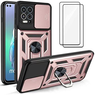 Imagem de Capa para Motorola Moto G100 Capinha | com 2 protetores de tela temperados, janela deslizante de proteção da câmera integrada e suporte para telefone - Rosa