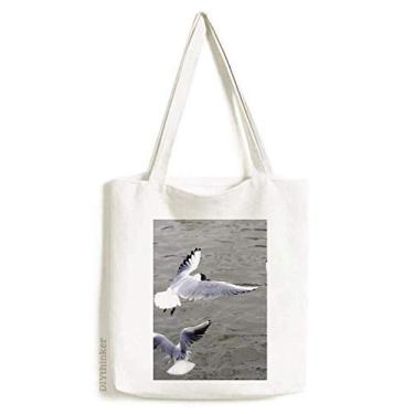 Imagem de Bolsa de lona com imagem de natureza e pássaro oceano água mar bolsa de compras casual bolsa de mão
