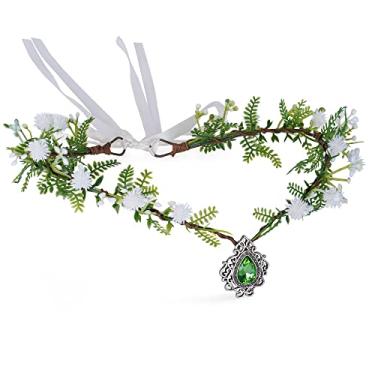 Imagem de MOSTORY Coroa de flores de fada da floresta - coroa de flores de outono boho halo floral guirlanda em forma de V tiara acessórios de cabelo tiara de elfo para noiva menina casamento cosplay festa ajustável