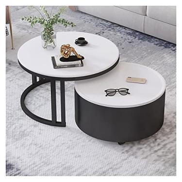 Imagem de Mesa de centro lateral de 70 cm, conjunto de 2 mesas de centro 2 em 1, mesa lateral redonda com compartimento de armazenamento, mesa de centro de estilo moderno com pernas de metal para sala de estar, conjunto empilhável de 2 peças